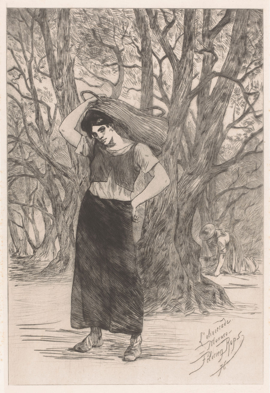 Félicien Rops — Olijvenplukster (L'olivierade, À Monaco) | Etching Print shown to scale on a wall above a sofa