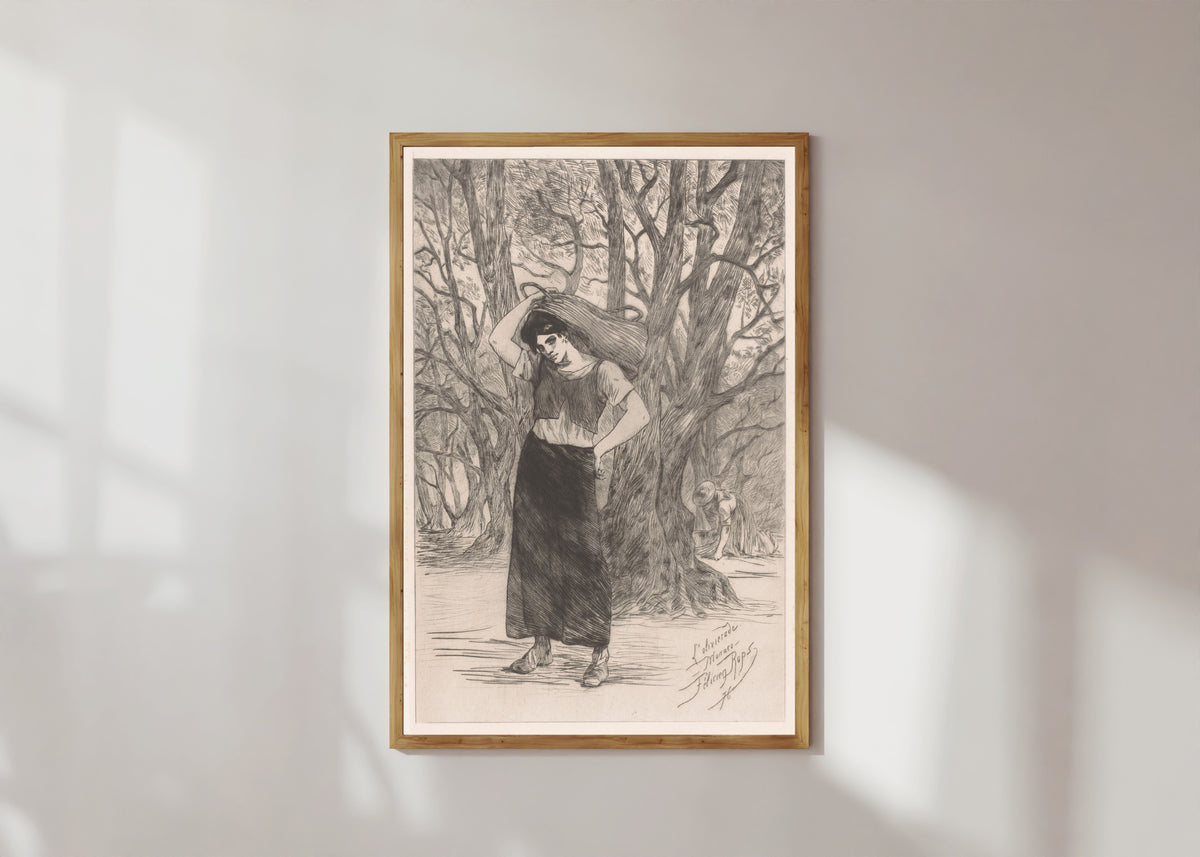 Framed art print of Olijvenplukster (L'olivierade, À Monaco) by Félicien Rops, in a light wood frame on a sunlit white wall