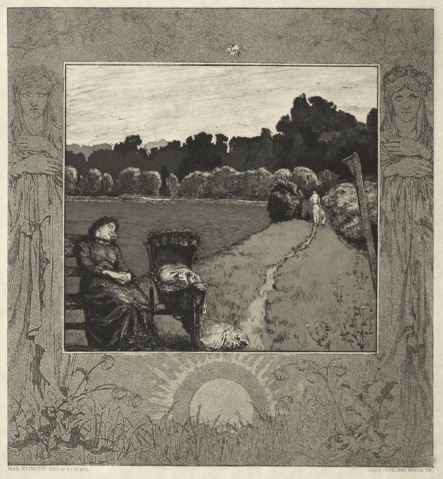 Max Klinger — On Death I: Child | Etching Print shown to scale on a wall above a sofa