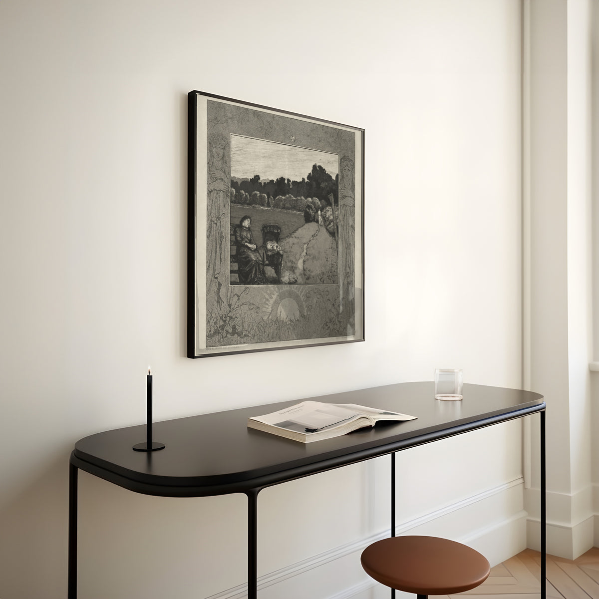Framed art print of On Death I: Child by Max Klinger, above a slim black console table