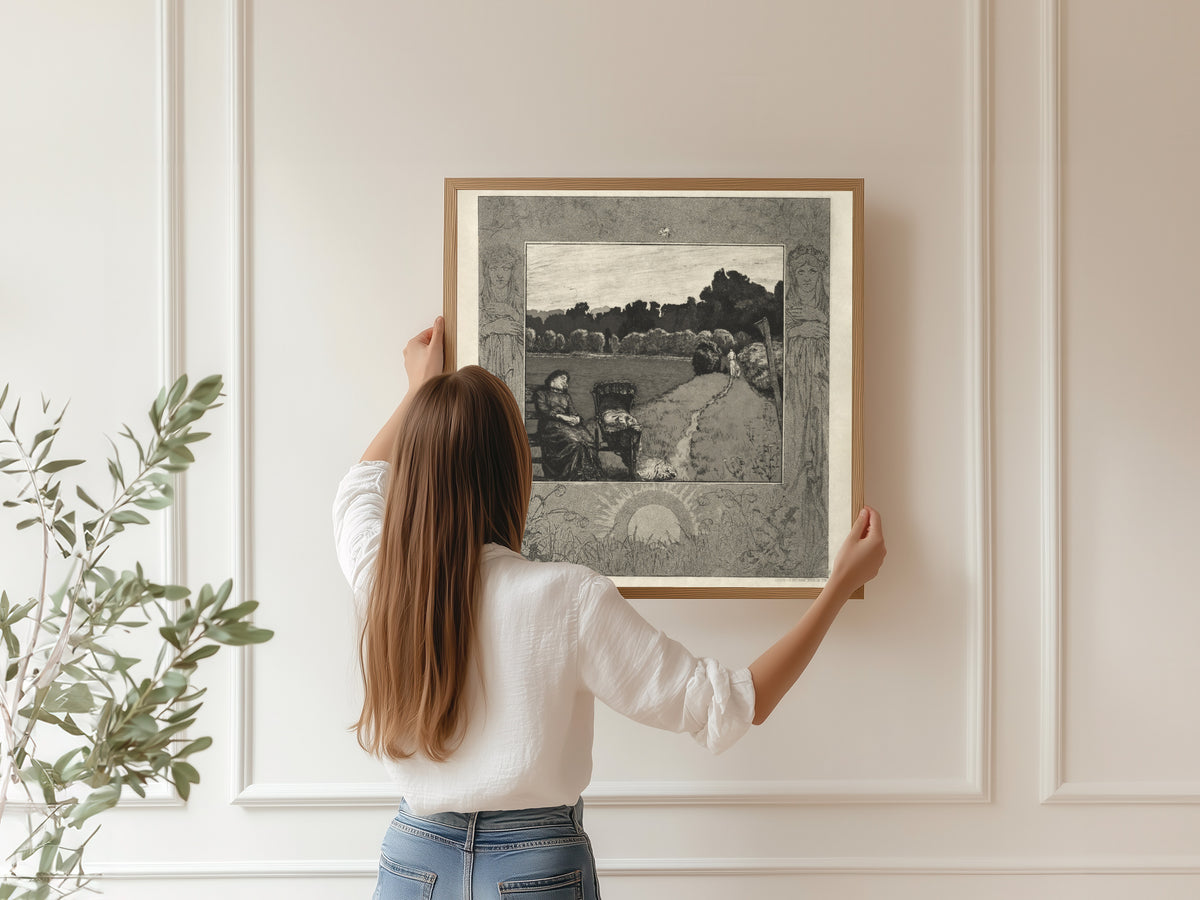 Framed art print of On Death I: Child by Max Klinger, hung on a panelled wall