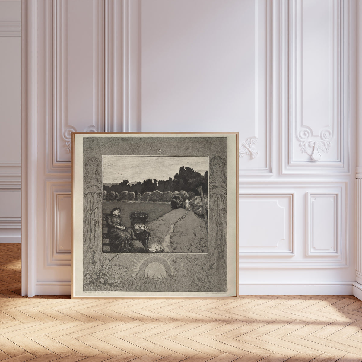 Framed art print of On Death I: Child by Max Klinger, leaning against pale pink panelling on a herringbone floor