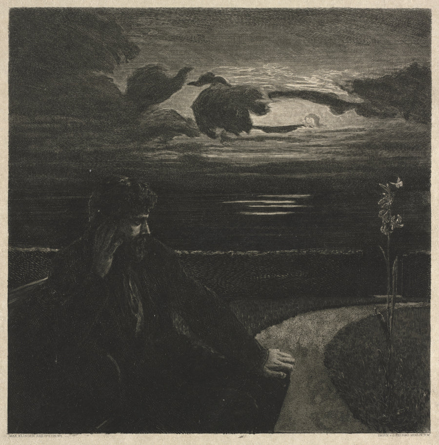 Max Klinger — On Death I: Night | Etching Print shown to scale on a wall above a sofa