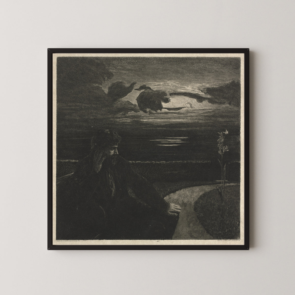 Framed art print of On Death I: Night by Max Klinger, in a black frame on a pale wall