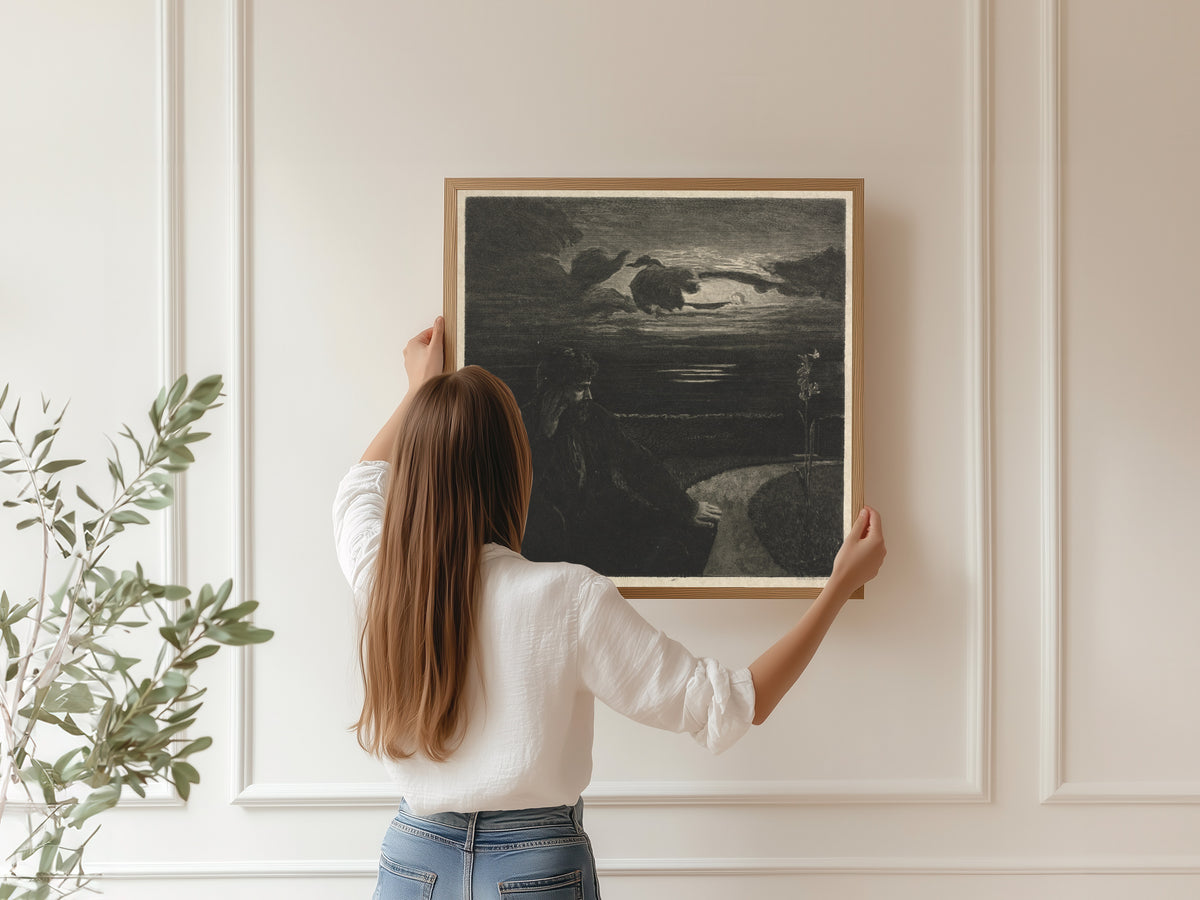 Framed art print of On Death I: Night by Max Klinger, hung on a panelled wall
