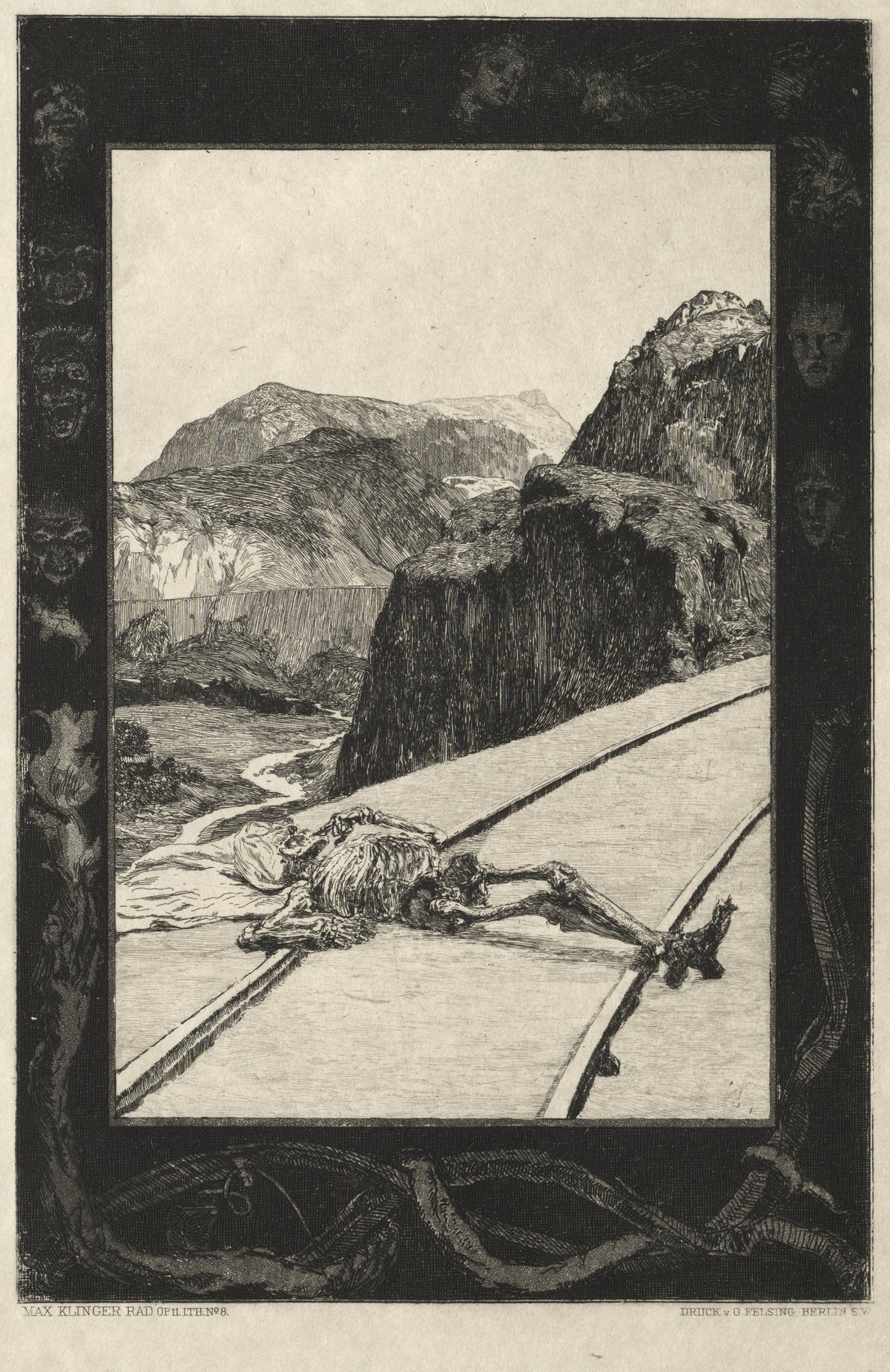 On Death I: On the Tracks by Max Klinger — A skeleton sprawls across railway tracks in a mountain pass