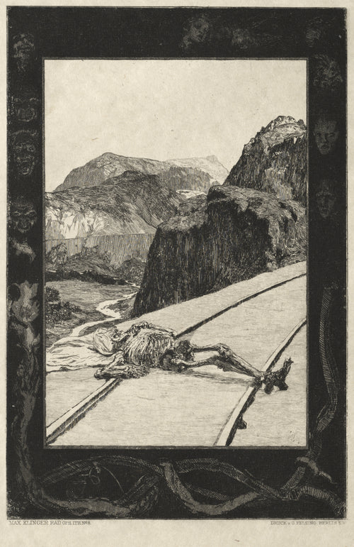 On Death I: On the Tracks by Max Klinger — A skeleton sprawls across railway tracks in a mountain pass