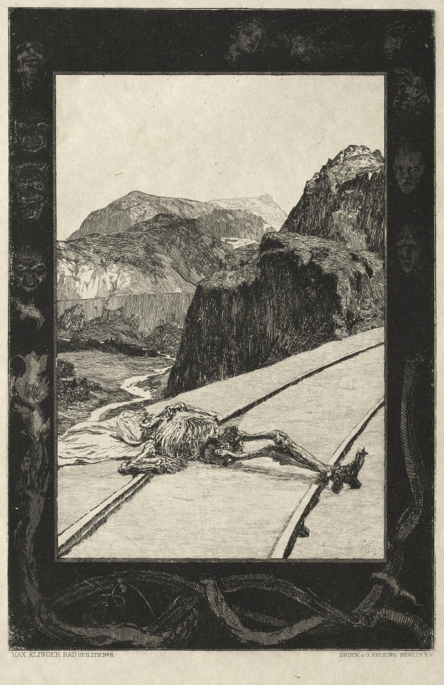 Max Klinger — On Death I: On the Tracks | Etching Print shown to scale on a wall above a sofa