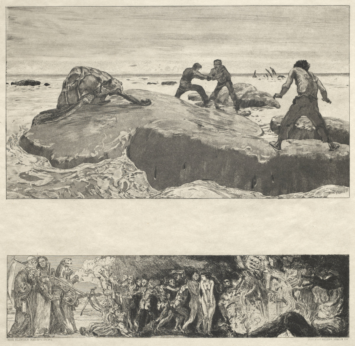 On Death I: Sailors by Max Klinger — Shipwrecked sailors fight on a rock while hooded Deaths watch below