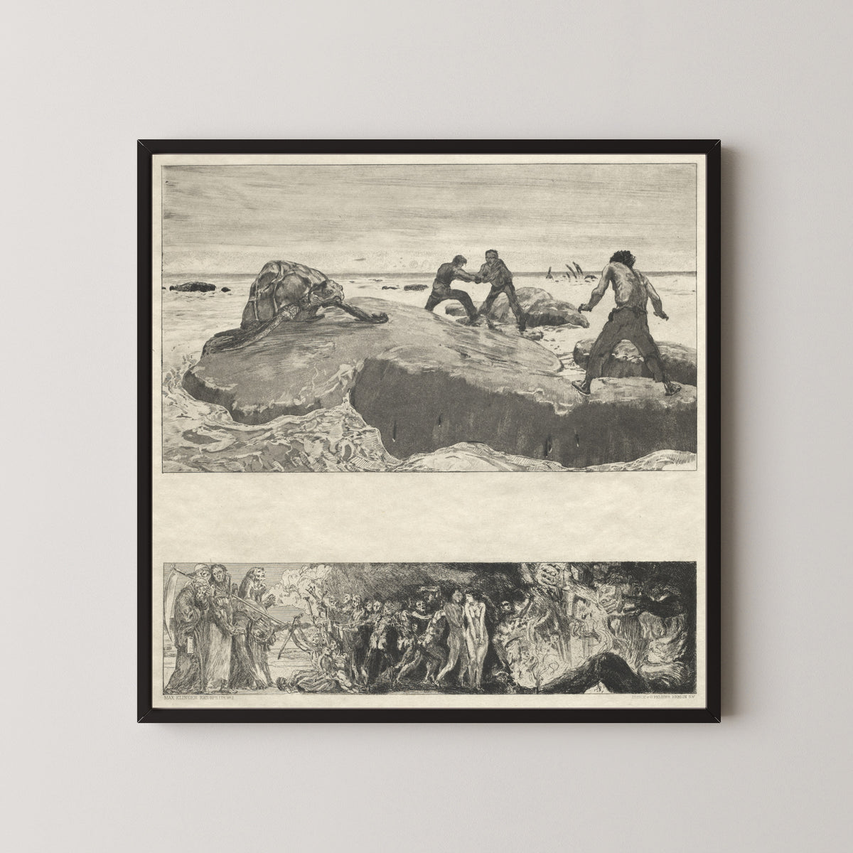 Framed art print of On Death I: Sailors by Max Klinger, in a black frame on a pale wall