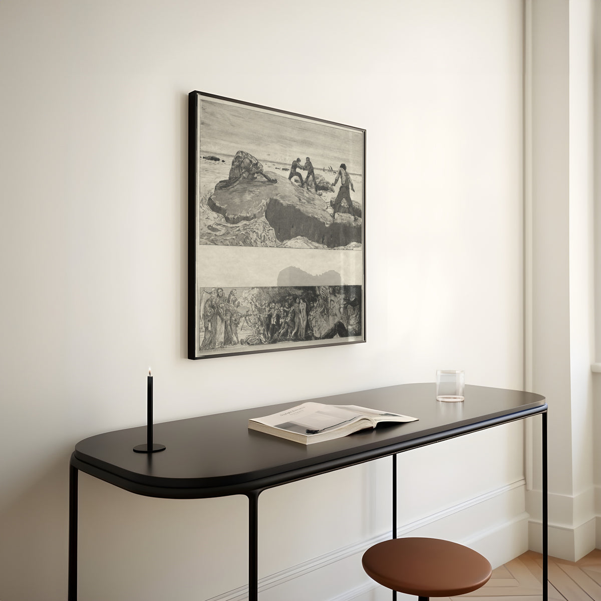 Framed art print of On Death I: Sailors by Max Klinger, above a slim black console table