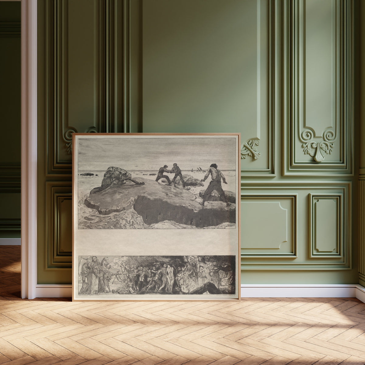 Framed art print of On Death I: Sailors by Max Klinger, leaning against olive-green panelling on a herringbone floor