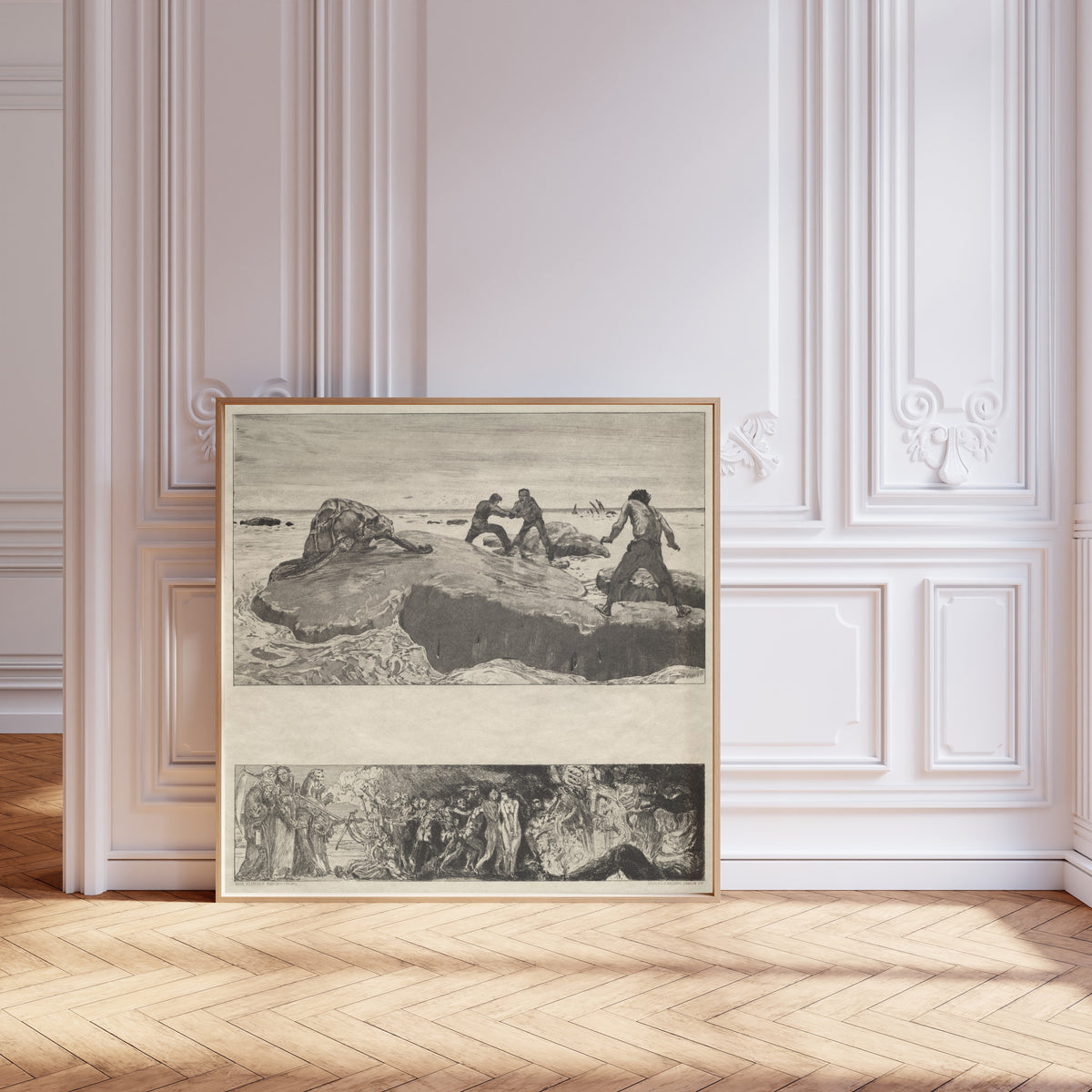 Framed art print of On Death I: Sailors by Max Klinger, leaning against pale pink panelling on a herringbone floor