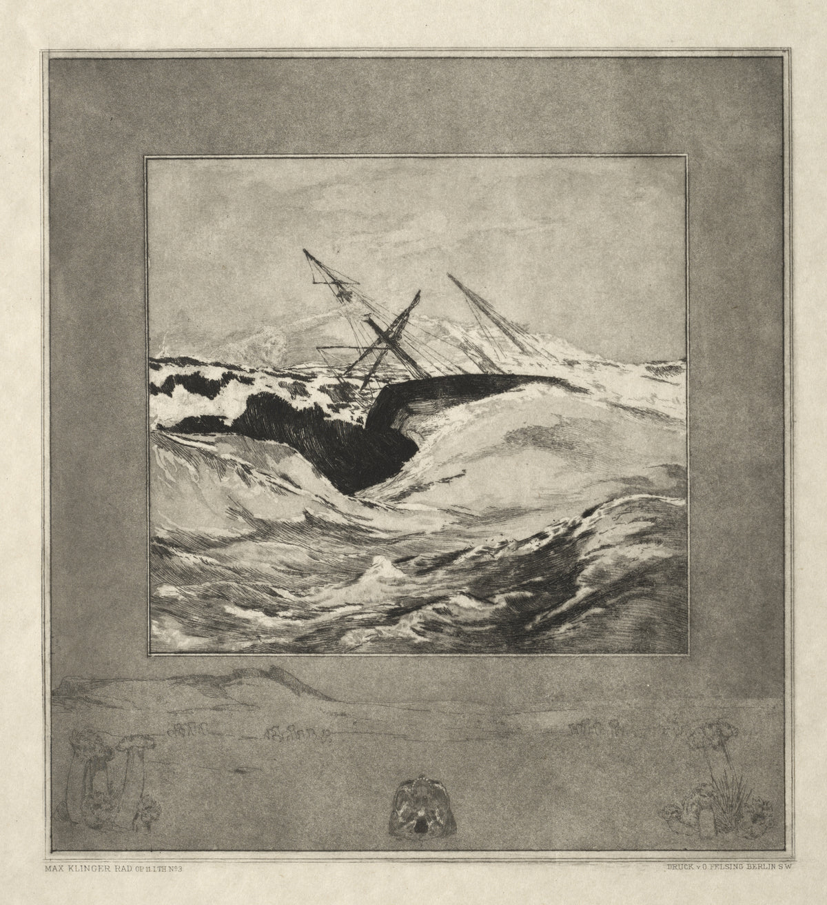On Death I, No. 3 (Sea) by Max Klinger — A ship heels into a black trough in a storm-tossed sea