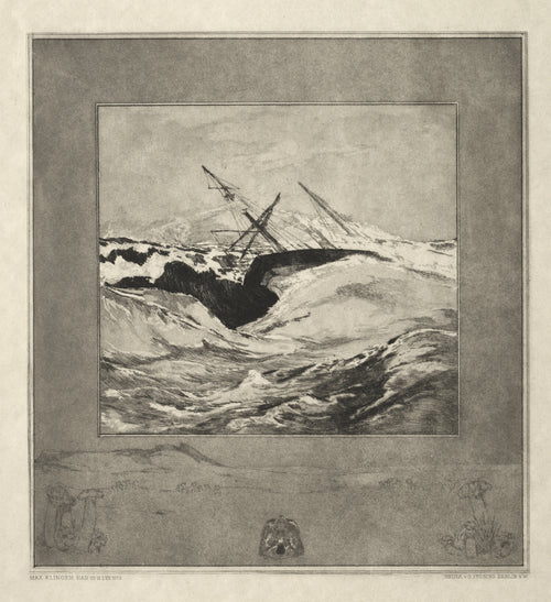 On Death I, No. 3 (Sea) by Max Klinger — A ship heels into a black trough in a storm-tossed sea