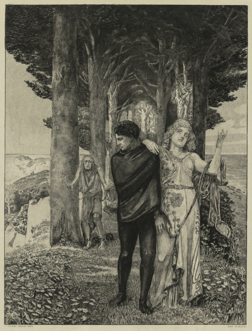 On Death II: Genius by Max Klinger — A young man in black and a woman in a flowered gown under tall pines