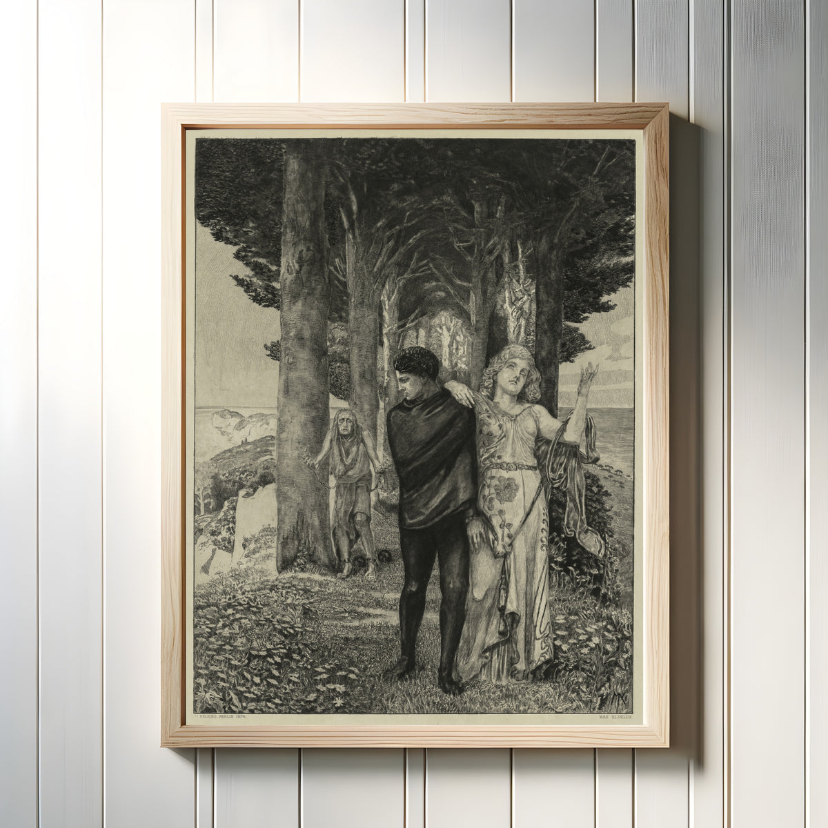 Framed art print of On Death II: Genius by Max Klinger, in a light wood frame on a white panelled wall