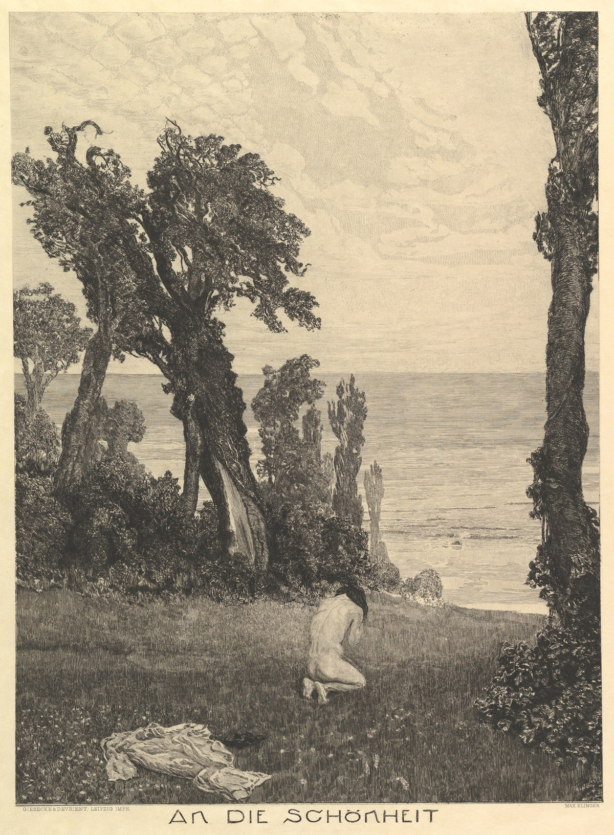 On Death II: To Beauty by Max Klinger — A kneeling figure bows its head in a clearing above the sea