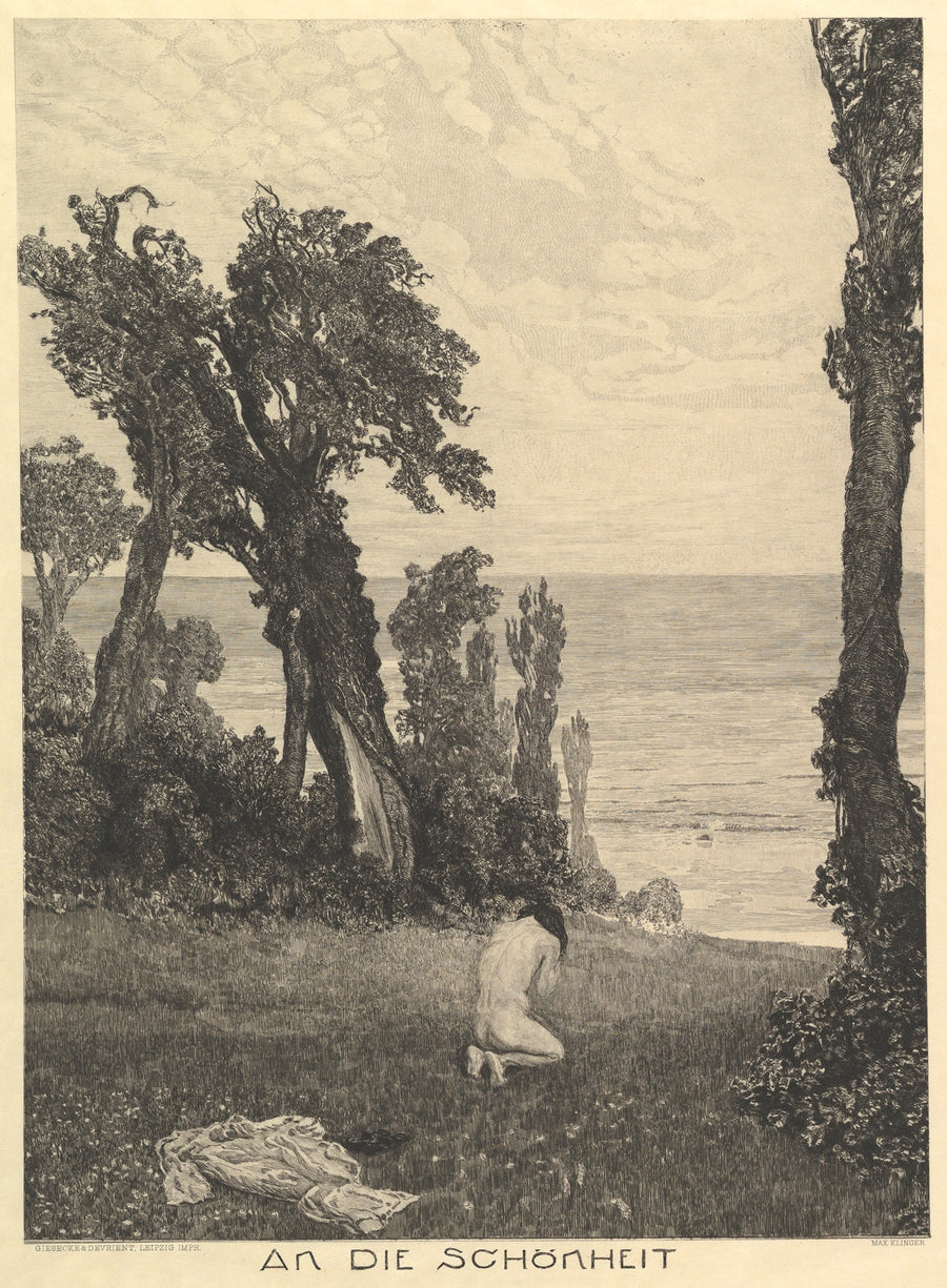 Max Klinger — On Death II: To Beauty | Engraving Print shown to scale on a wall above a sofa