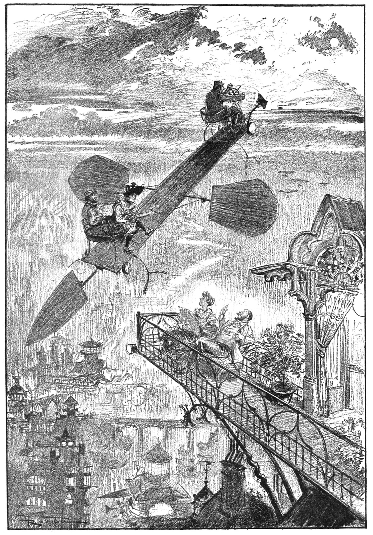 On respire la fraîcheur du soir by Albert Robida — A couple on a city balcony watch a flying machine pass overhead