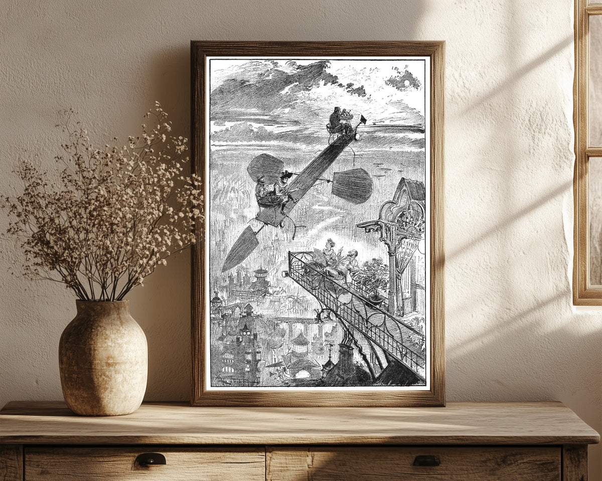Framed art print of On respire la fraîcheur du soir by Albert Robida, in a dark wood frame leaning on a rustic console beside dried flowers