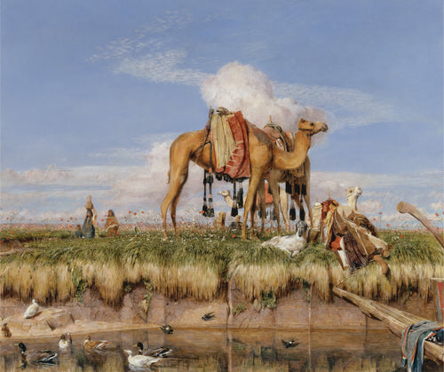 On the Banks of the Nile, Upper Egypt by John Frederick Lewis — Saddled camels stand on a grassy Nile bank above ducks on the water