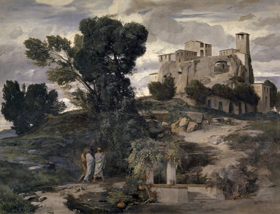 Arnold Böcklin — On the Way to Emmaus | Landscape Fine Art Print shown to scale on a wall above a sofa