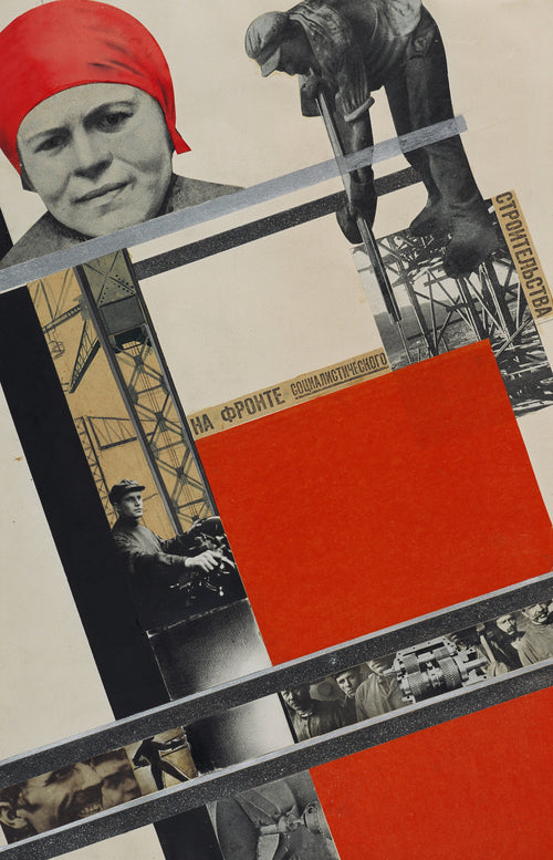 On the front of socialist construction by Gustav Klutsis — Photographs of workers pasted beside a block of red paper