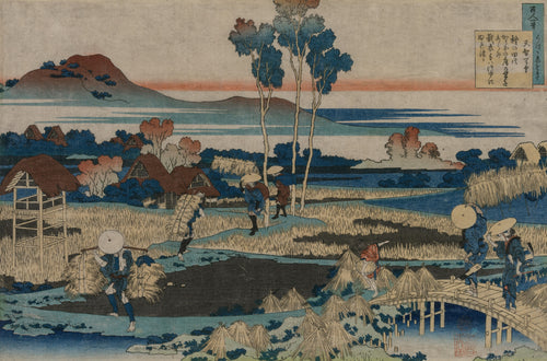 One Hundred Poems Explained by the Nurse: Poem by Emperor Tenchi by Katsushika Hokusai — Harvesters carry straw bundles across fields toward a wooden bridge