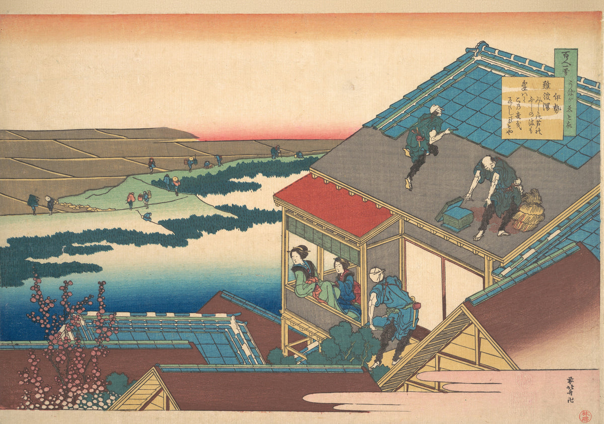 One Hundred Poems Explained by the Nurse: Poem by Ise by Katsushika Hokusai — Roofers at work above a verandah where two women lean out