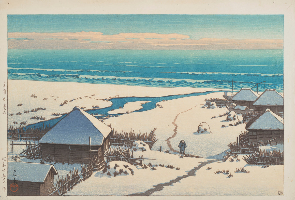 Onjuku, Chiba Prefecture by Kawase Hasui — Snow-roofed huts beside a teal sea under a band of peach cloud