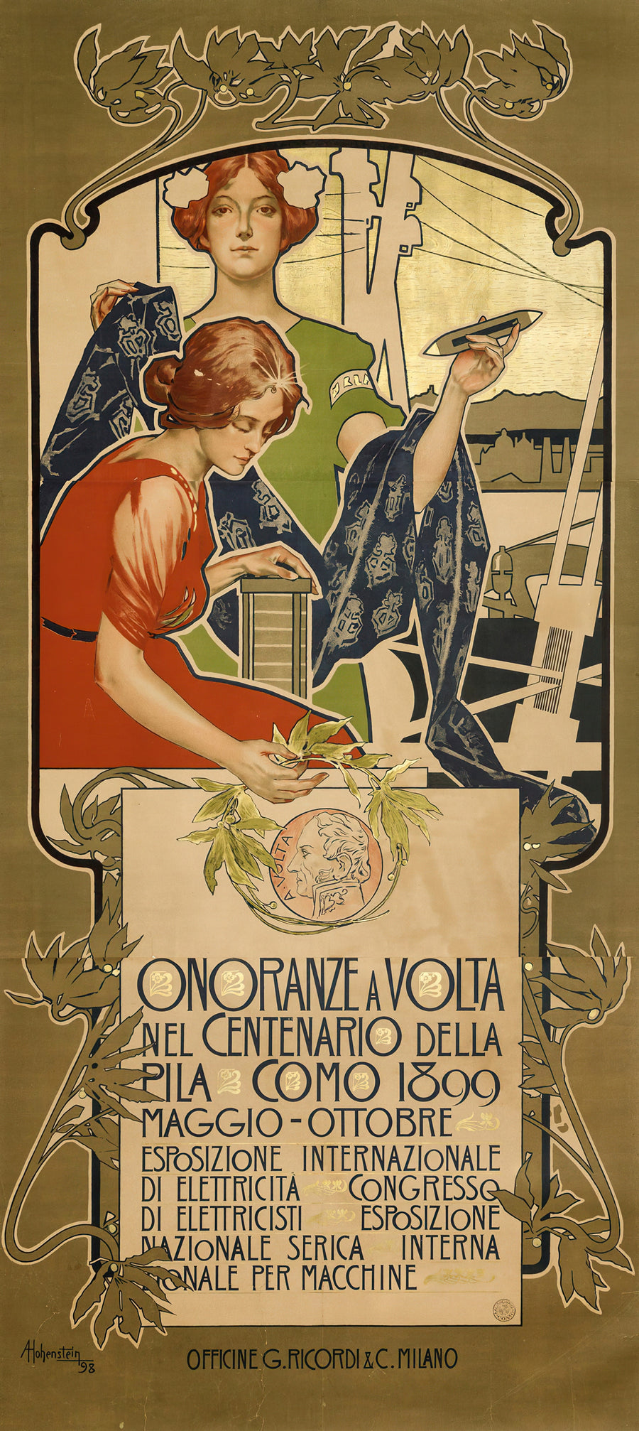 Adolfo Hohenstein — Onoranze a Volta nel Centenario della Pila, Como 1899 | Vintage Poster Print shown to scale on a wall above a sofa