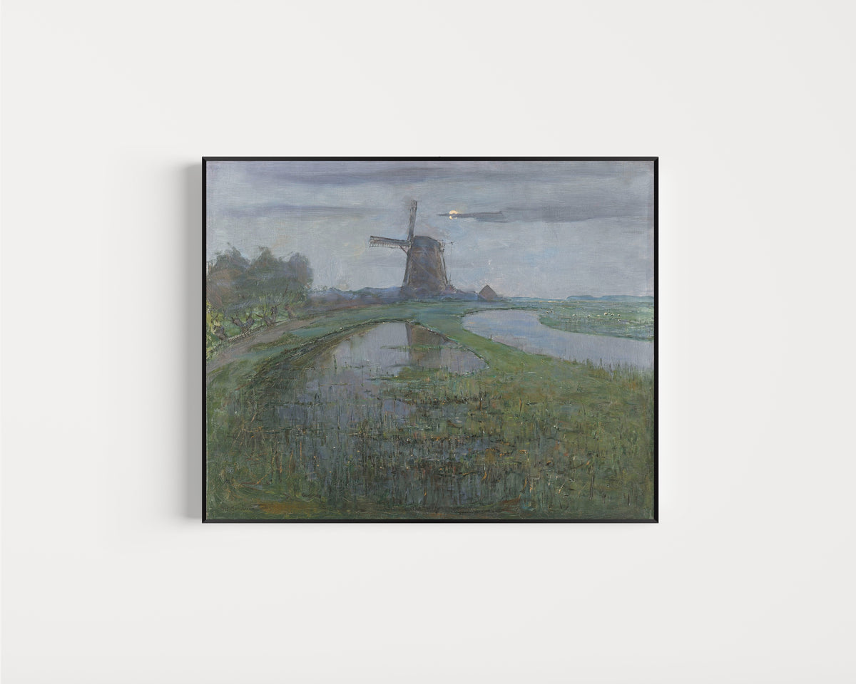 Framed art print of Oostzijdse Mill along the River Gein by Moonlight by Piet Mondrian, in a slim black frame on a plain white wall