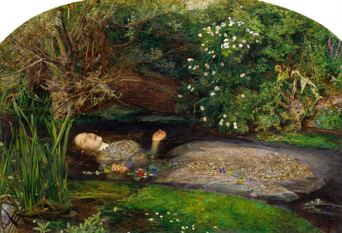 Ophelia by John Everett Millais — A drowning woman drifts among wildflowers and reeds