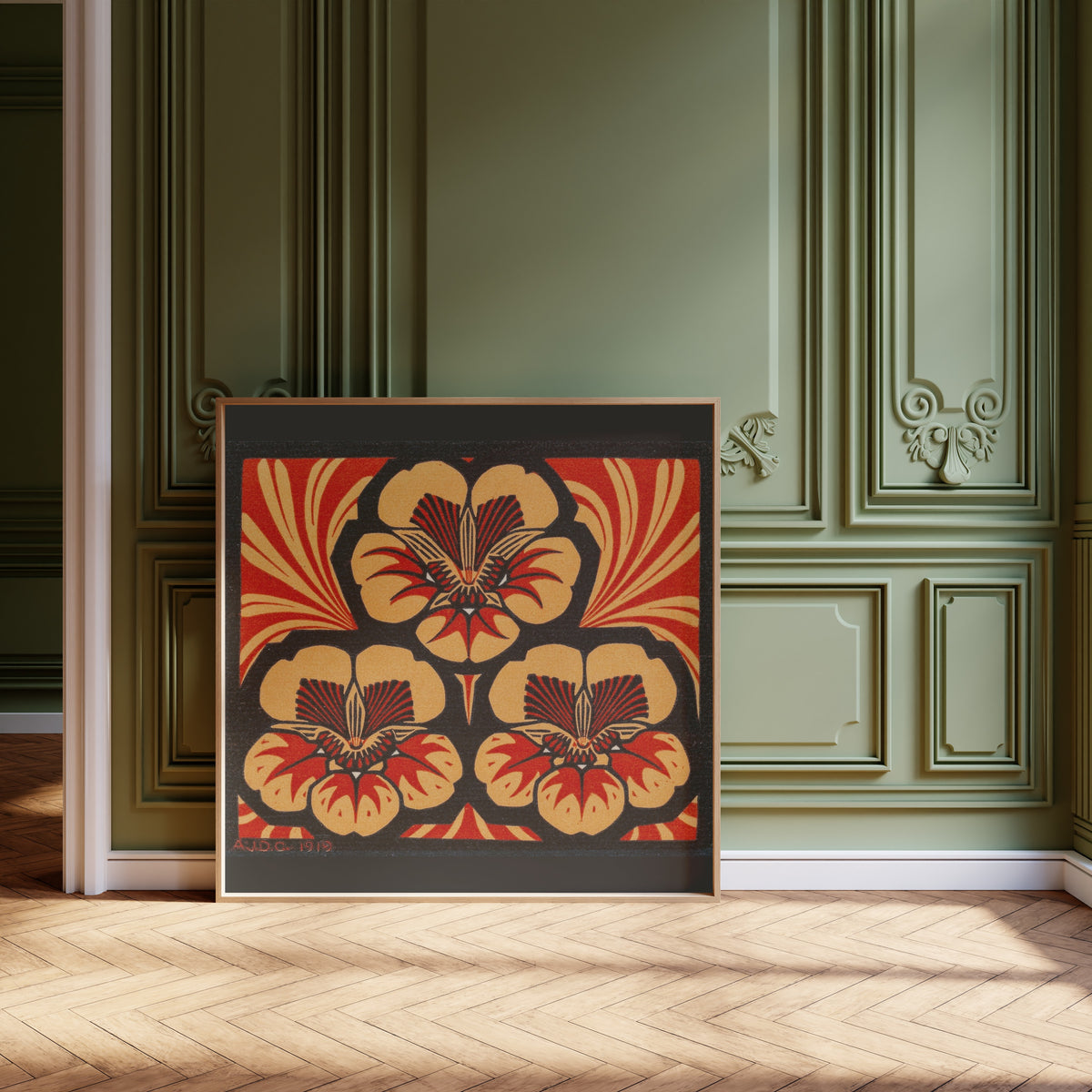 Julie de Graag — Orange Floral Ornament | Woodcut Print