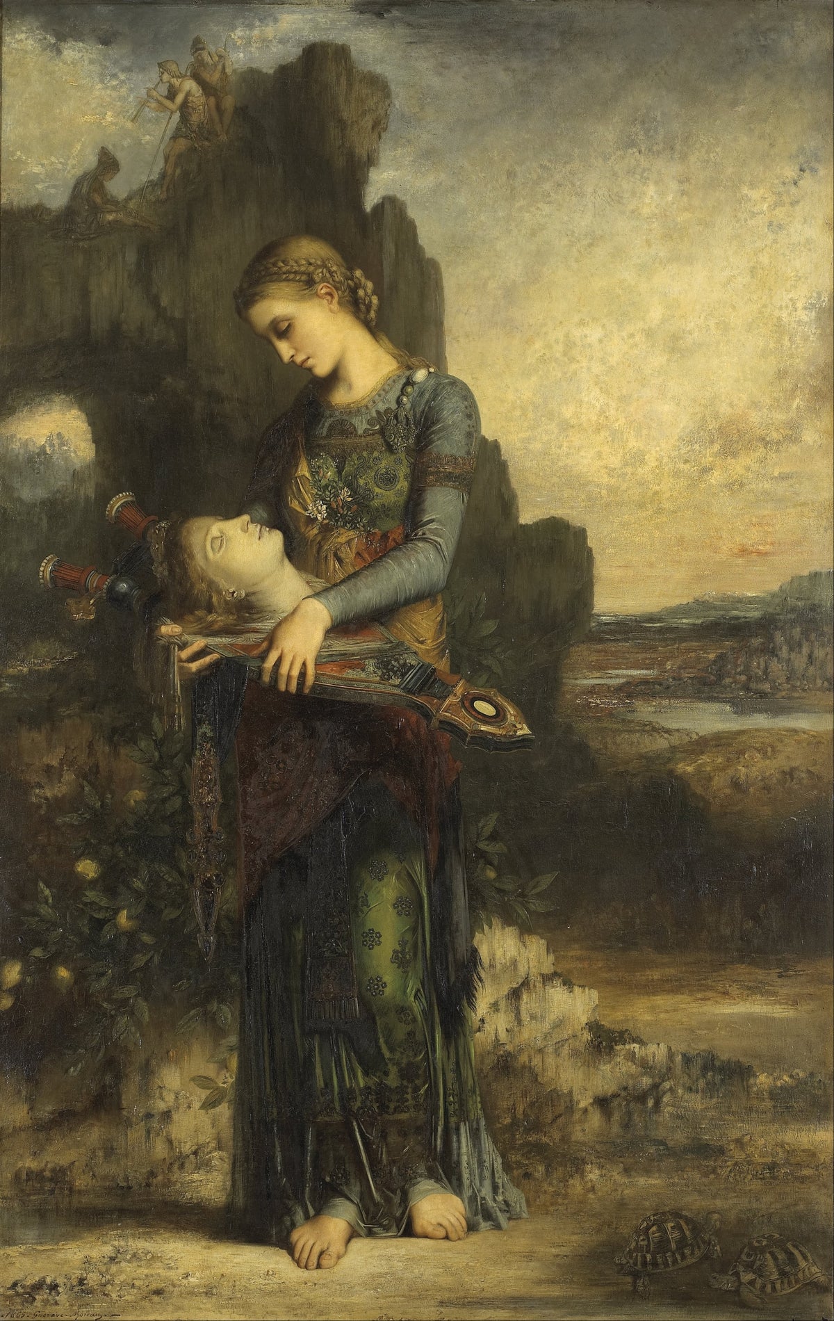 Orpheus by Gustave Moreau — A young woman cradles a severed head on a lyre in a rocky landscape