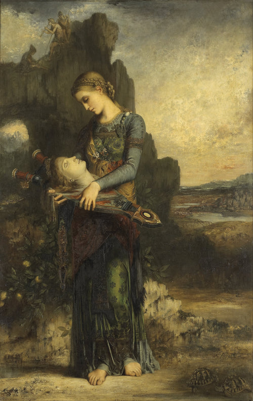 Orpheus by Gustave Moreau — A young woman cradles a severed head on a lyre in a rocky landscape