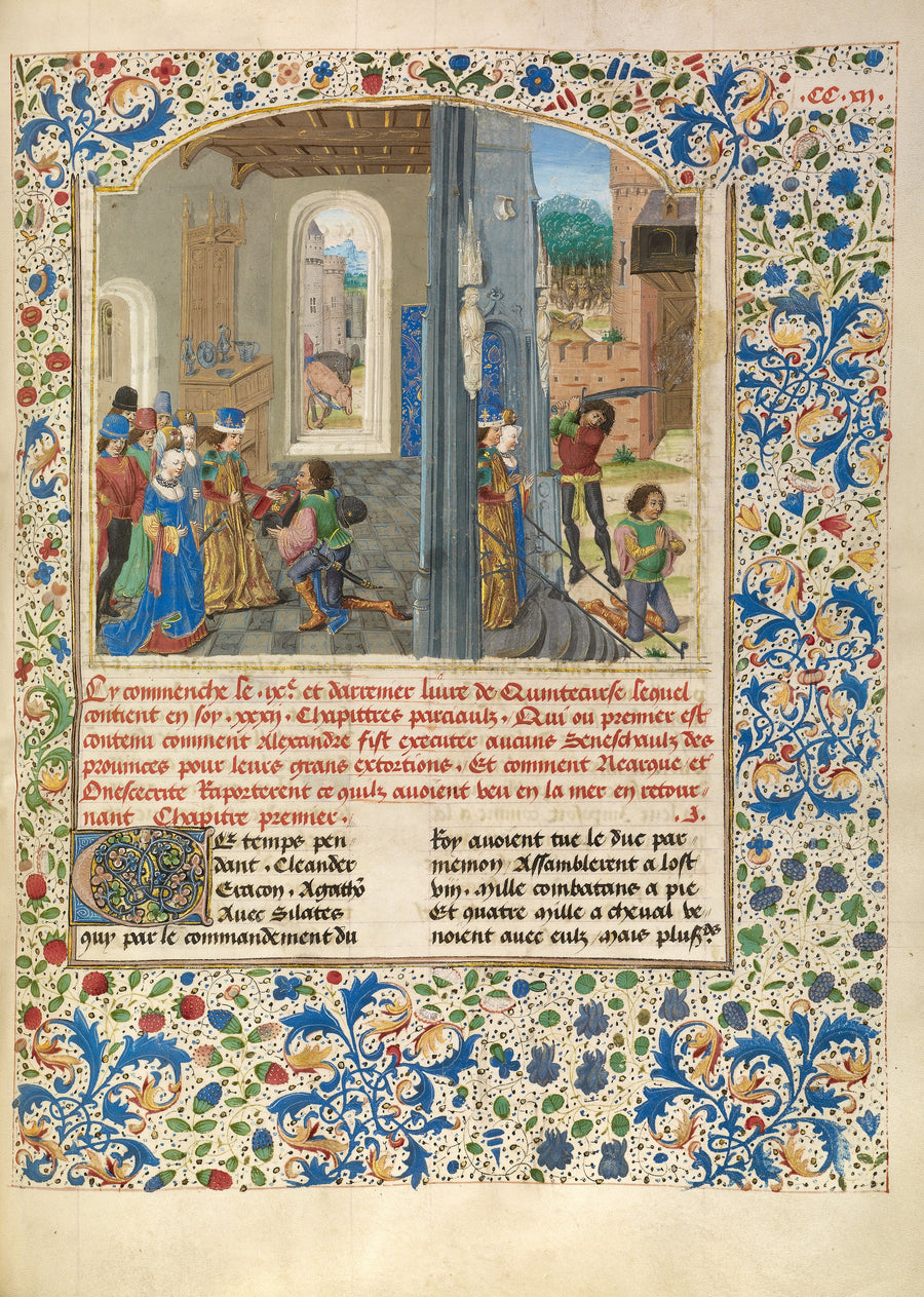 Master of the Jardin de vertueuse consolation — Orsines Presenting a Gift to Alexander and the Execution of Orsines | Illuminated Manuscript Print shown to scale on a wall above a sofa