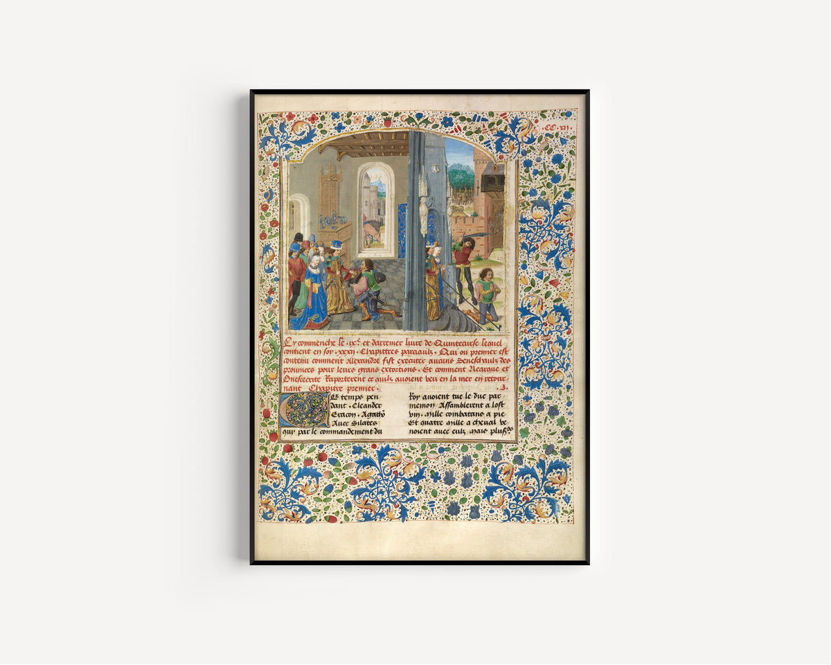Framed art print of Orsines Presenting a Gift to Alexander and… by Master of the Jardin de vertueuse consolation, in a slim black frame on a plain white wall