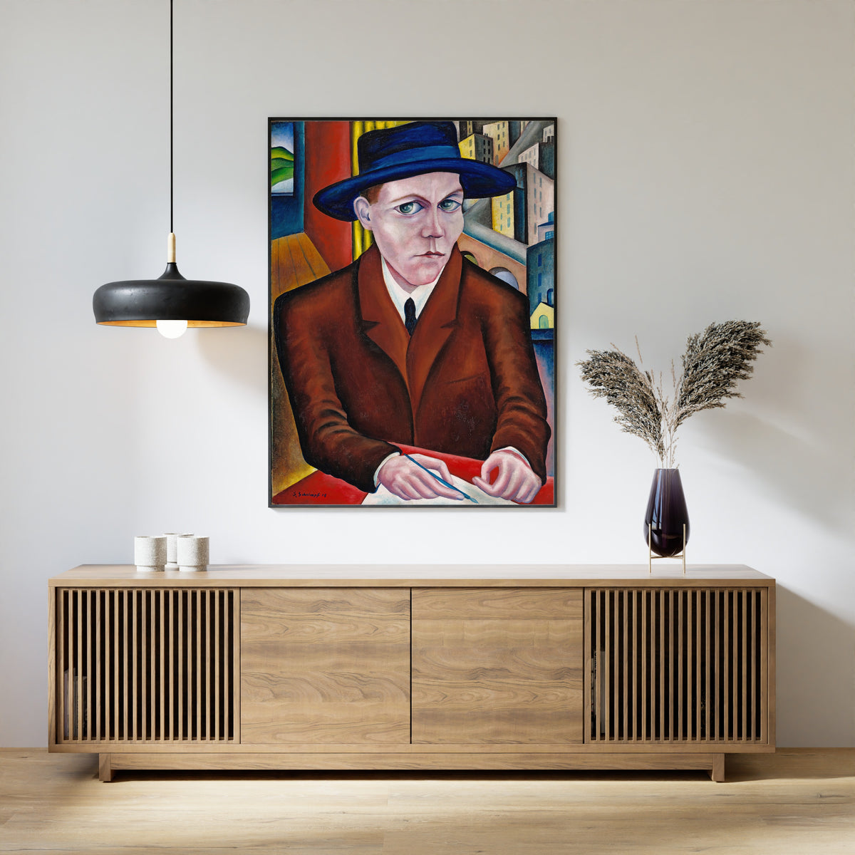 Oscar Maria Graf by Georg Schrimpf — framed above a slatted wood sideboard