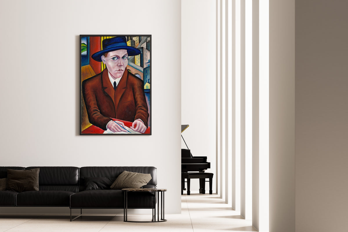 Oscar Maria Graf by Georg Schrimpf — framed on the wall of a minimal living room