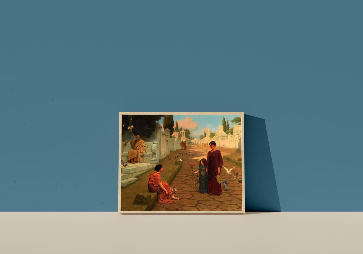 Framed art print of Outside the Gate of Pompeii by John William Godward, in a light wood frame leaning on a blue wall