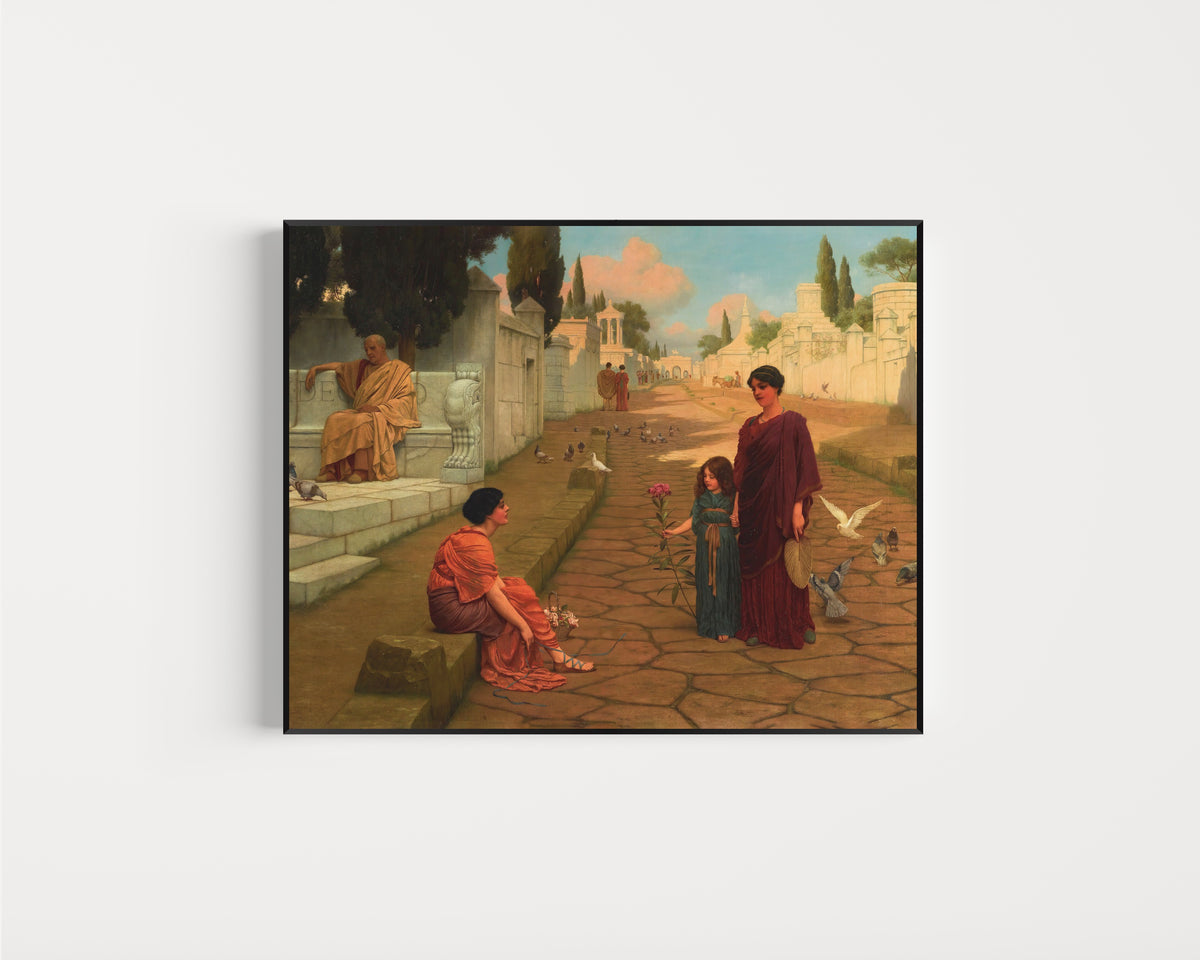 Framed art print of Outside the Gate of Pompeii by John William Godward, in a slim black frame on a plain white wall