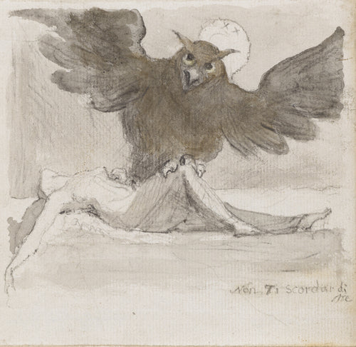 Owl with Spread Wings over a Reclining Woman by Henry Fuseli — A great horned owl spreads its wings over a woman lying stretched out