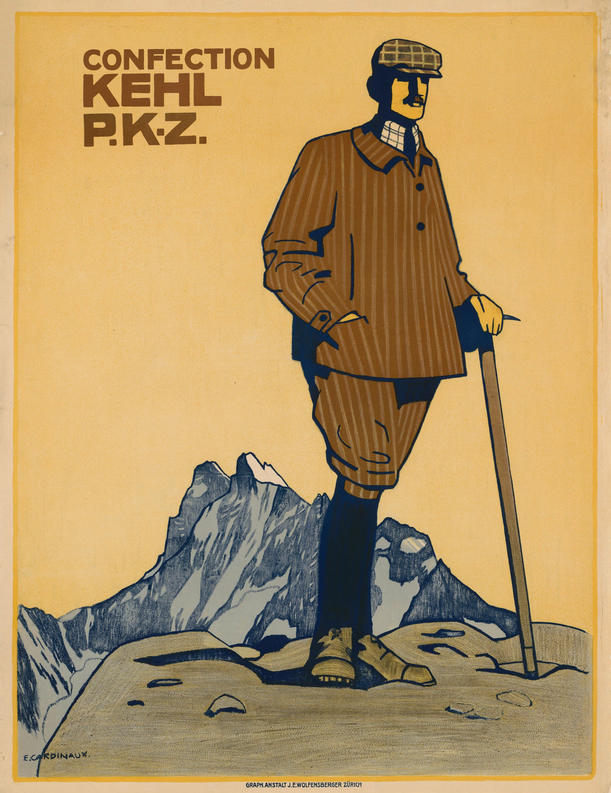 P.K.Z. Confection Kehl by Emil Cardinaux — A walker in a striped suit rests on a staff above jagged peaks