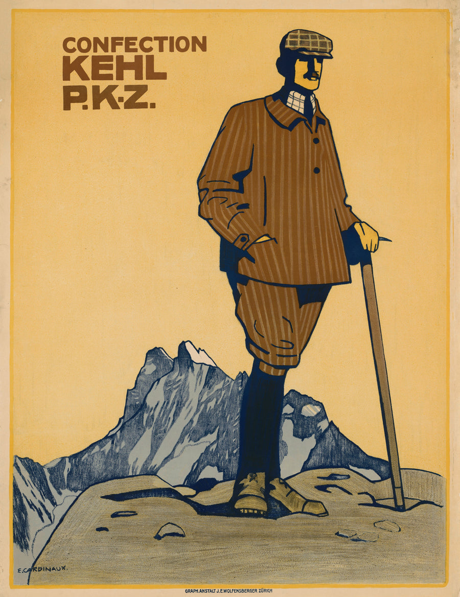 Emil Cardinaux — P.K.Z. Confection Kehl | Vintage Poster Print shown to scale on a wall above a sofa