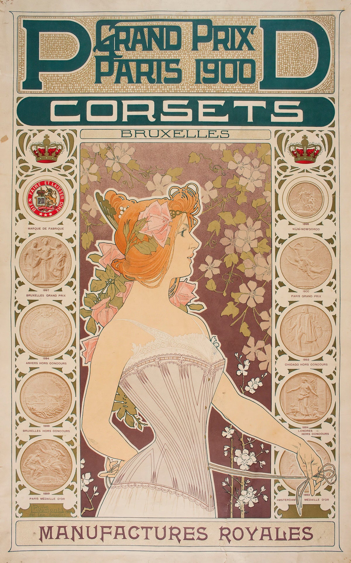 PD Corsets: Grand Prix Paris 1900 by Henri Privat-Livemont — A woman in a lilac corset ties a ribbon between columns of medals