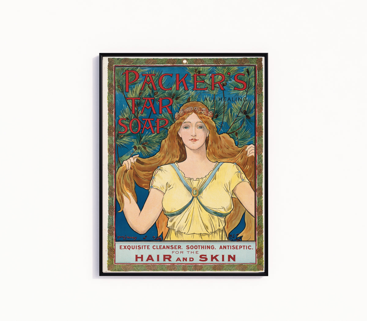 Framed art print of Packer's Tar Soap by Louis Rhead, in a slim black frame on a plain white wall