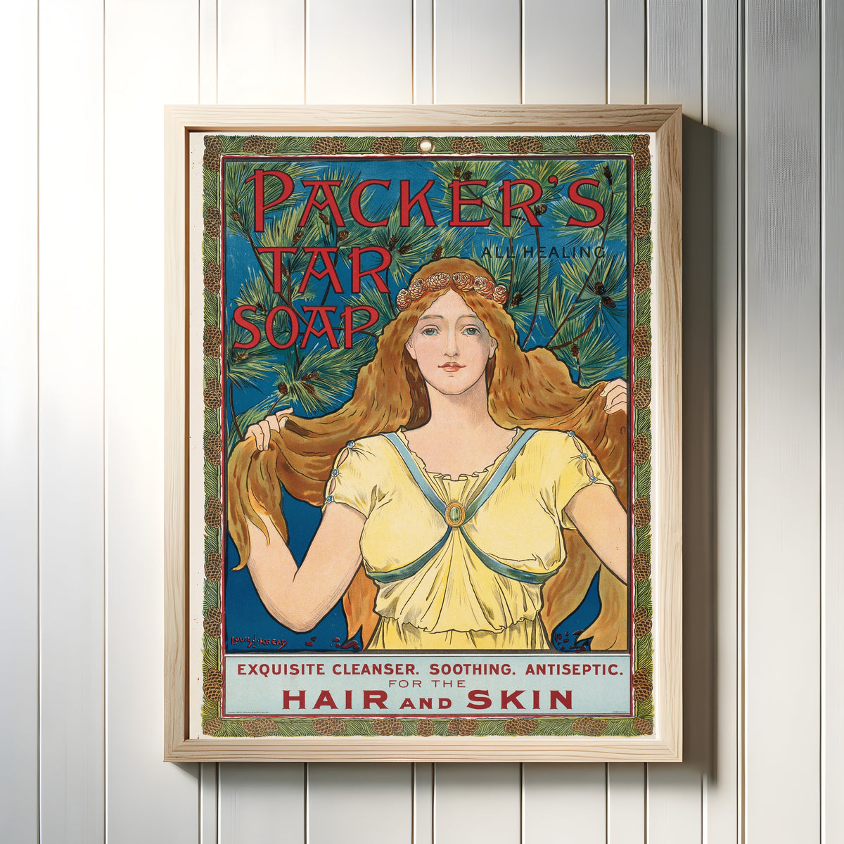 Framed art print of Packer's Tar Soap by Louis Rhead, in a light wood frame on a white panelled wall
