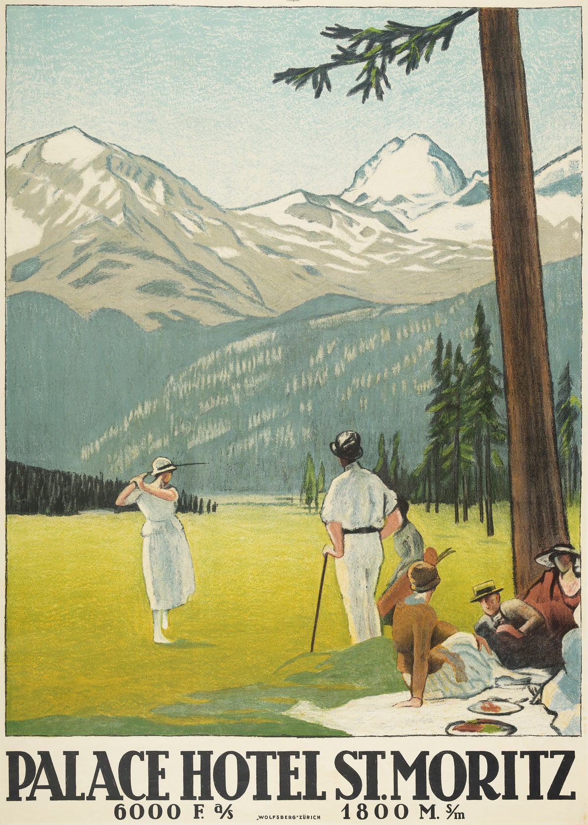 Palace Hotel St. Moritz by Emil Cardinaux — A golfer swings in an alpine meadow as friends picnic under a pine